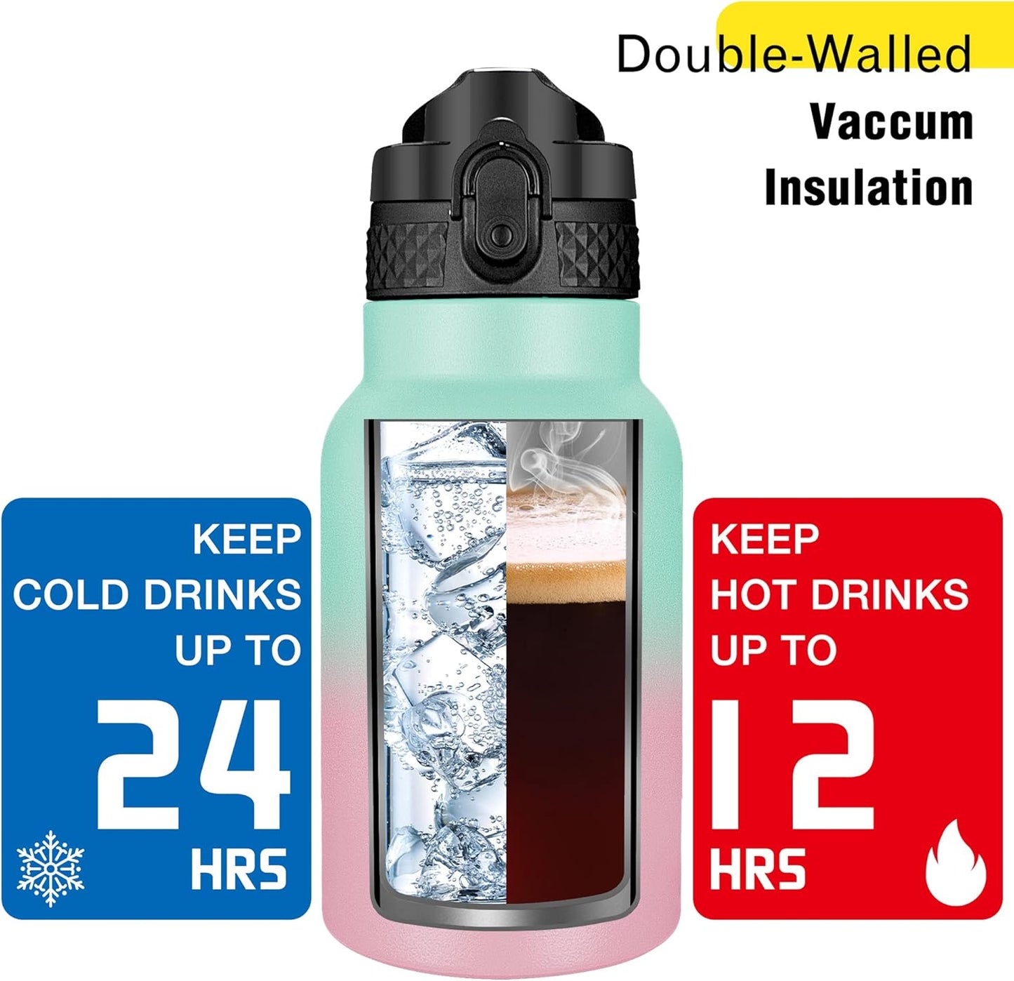 Han's Bottle Sports Water Bottle - 24 Oz, Straw Lid, Leak Proof, Vacuum Insulated Stainless Steel, Double Walled, Thermo Mug,Black