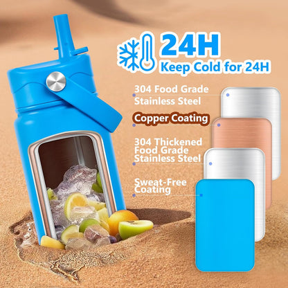 Insulated Water Bottle with Lid & Boot & Stickers, 24 oz Stainless Steel Sweat Free Bottle Keep Cold 24H, BPA-Free Sports Wide Mouth Water Bottle, BlueBlack