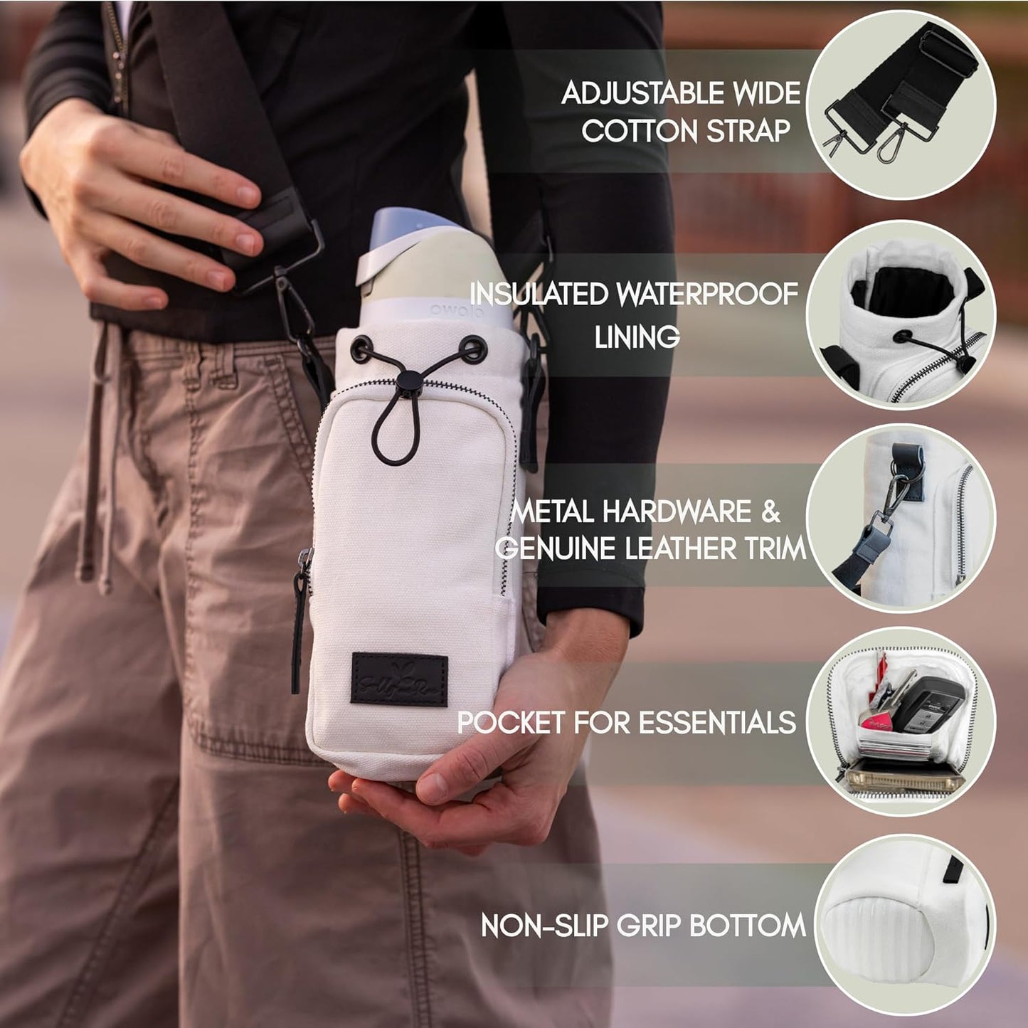 Water Bottle Holder with Strap & Pocket – Crossbody Water Bottle Carrier - Fits 16 to 32 oz Bottles