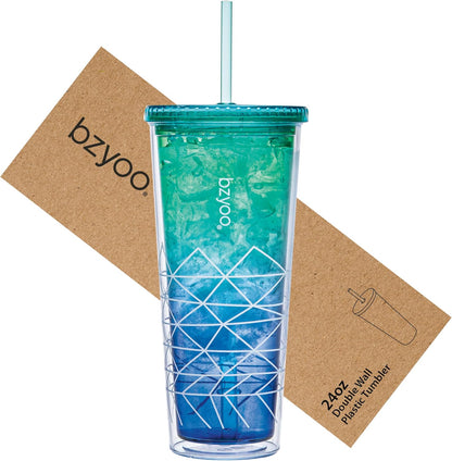 bzyoo SIP 24oz (710ml) Double Wall Plastic Tumbler with Lid and Straw Cold Drink Travel Mug Reusable Party Cup Perfect for Office Ice Coffee or Tea and Gift Color: Pink & Purple