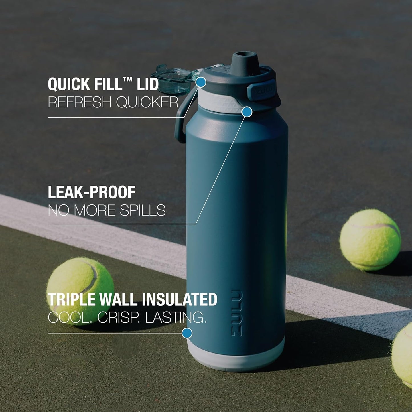 ZULU Powerfill Pro 32oz Stainless Steel Water Bottle with Quick Fill Lid, Triple Walled Vacuum Insulated Metal, Leak Proof Locking Lid, Sip and Chug, Reusable BPA Free, High Tide