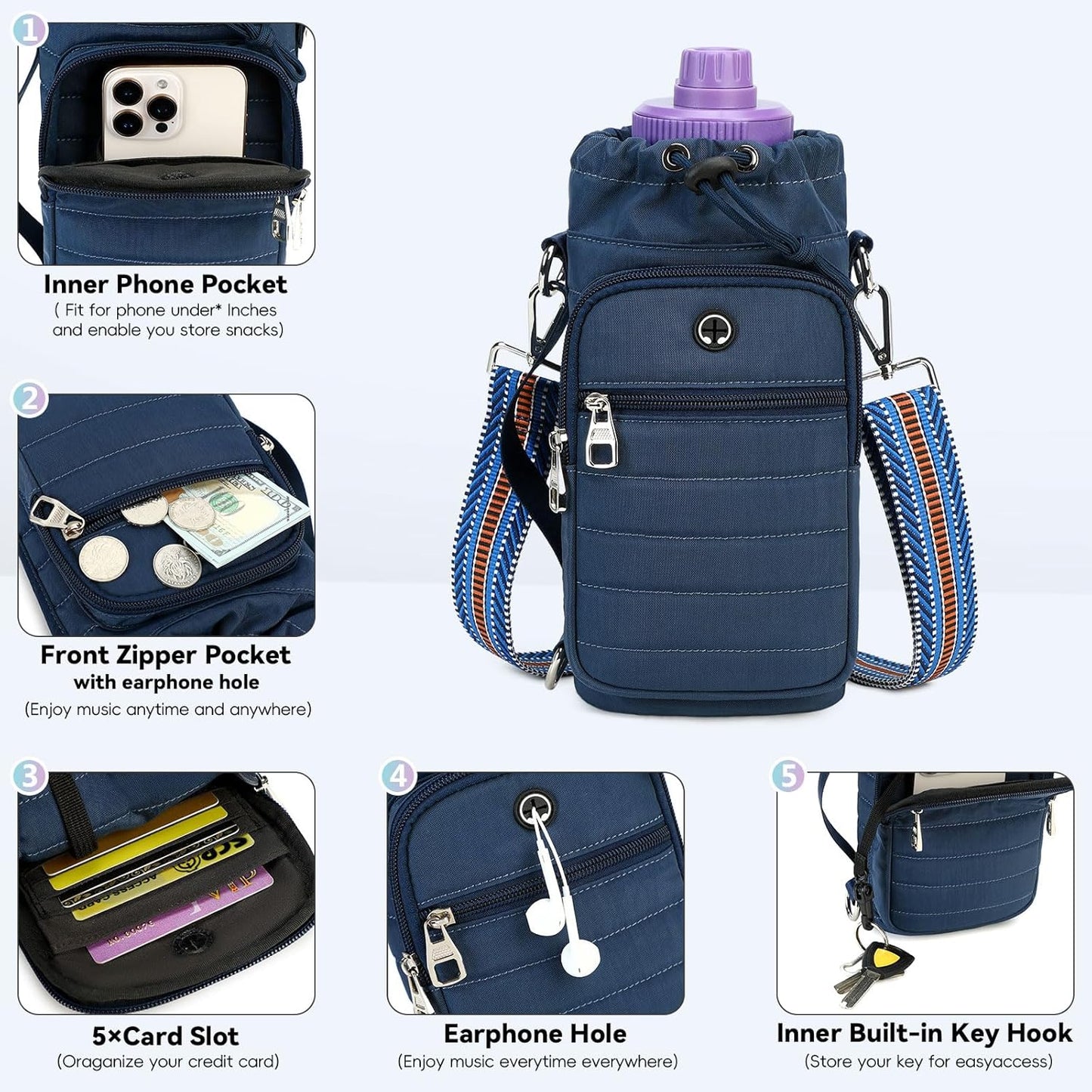 Water Bottle Carrier Bag with Strap, Sling Bag for Walking, Hiking, Cycling, Black, 40 Ounces