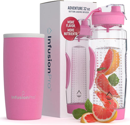 Infusion Pro 32 oz Fruit Infuser Water Bottle with Insulated Sleeve & 50 Recipe Fruit Infusion Water eBook : Bottom Loading, Large Water Infuser for More Flavor : Unique Gift Idea for Women
