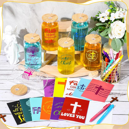 Skylety 12 Set Christian Gifts Bulk for Women Men Bible Study Journal 16 oz Inspirational Bible Verse Glass Cups Religious Tumblers with Lids Straw Pens for Pastor Church Anniversary Souvenirs Teacher