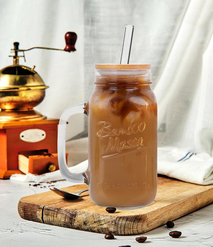 ANOTION Mason Jar Iced Coffee Cup with Lid and Straw, 24oz Regular Mouth Mason Jars with Handle Glass Coffee Drinking Glasses Tumbler Reusable Cups Bottles for Iced Coffee Cups for Travel Office Home