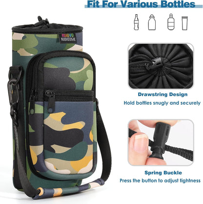Nuovoware Water Bottle Carrier Bag,25oz/40oz/64oz Bottle Pouch Holder,Adjustable Shoulder Hand Strap 2 Pocket Sling Neoprene Sleeve Sports Accessories for Hiking Travelling Camping