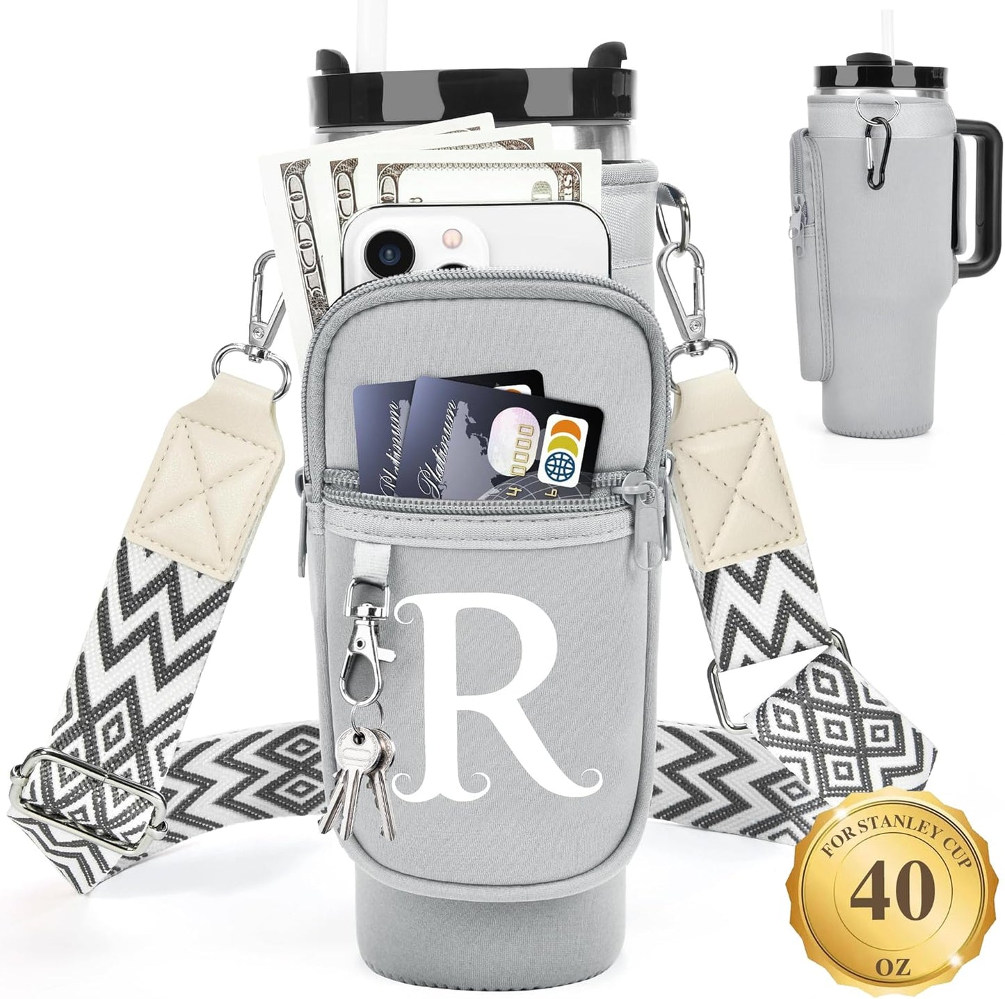 LOKASS Personalized Water Bottle Holder with Strap for Stanley Cup Accessories 40 oz, Initial for Stanley Cup Holder Carrier Bag with Phone Pocket, Stylish Tumbler Accessories for Daily Use Hands-Free