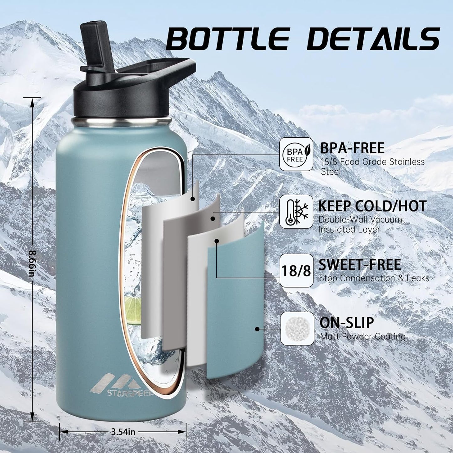 StarSpeed 32oz Insulated Water Bottle with Straw Lid, Stainless Steel Double Walled Vacuum Water Flask, Wide Mouth Sports Water Bottle for Gym Camping Hiking, Indigo Black