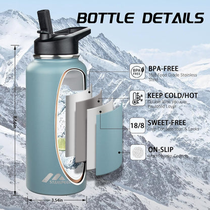 StarSpeed 32oz Insulated Water Bottle with Straw Lid, Stainless Steel Double Walled Vacuum Water Flask, Wide Mouth Sports Water Bottle for Gym Camping Hiking, Indigo Black