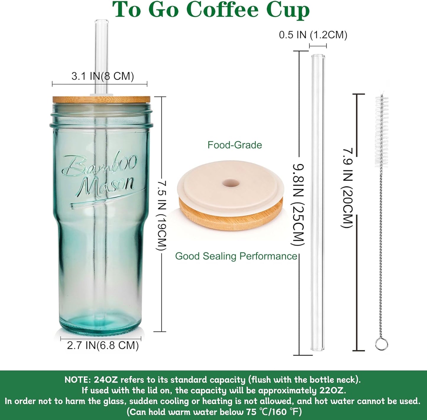 ANOTION Bamboo Mason Leakproof Mason Jar Cups with Lids and Straws, Cap Cup 24oz Glass Tumbler with Handle, Rotating Lid Silicone Straw, Reusable Iced Coffee Matcha Cup Coffee Gifts for Women 2pc