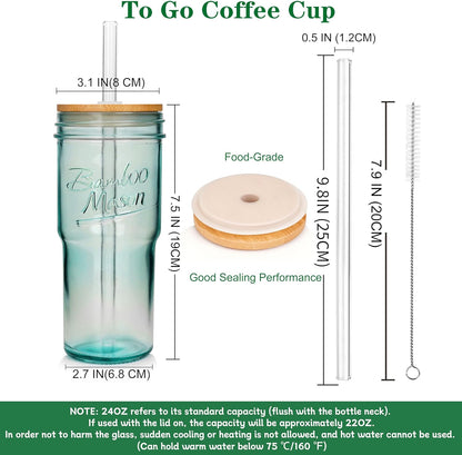 ANOTION Bamboo Mason Leakproof Mason Jar Cups with Lids and Straws, Cap Cup 24oz Glass Tumbler with Handle, Rotating Lid Silicone Straw, Reusable Iced Coffee Matcha Cup Coffee Gifts for Women 2pc