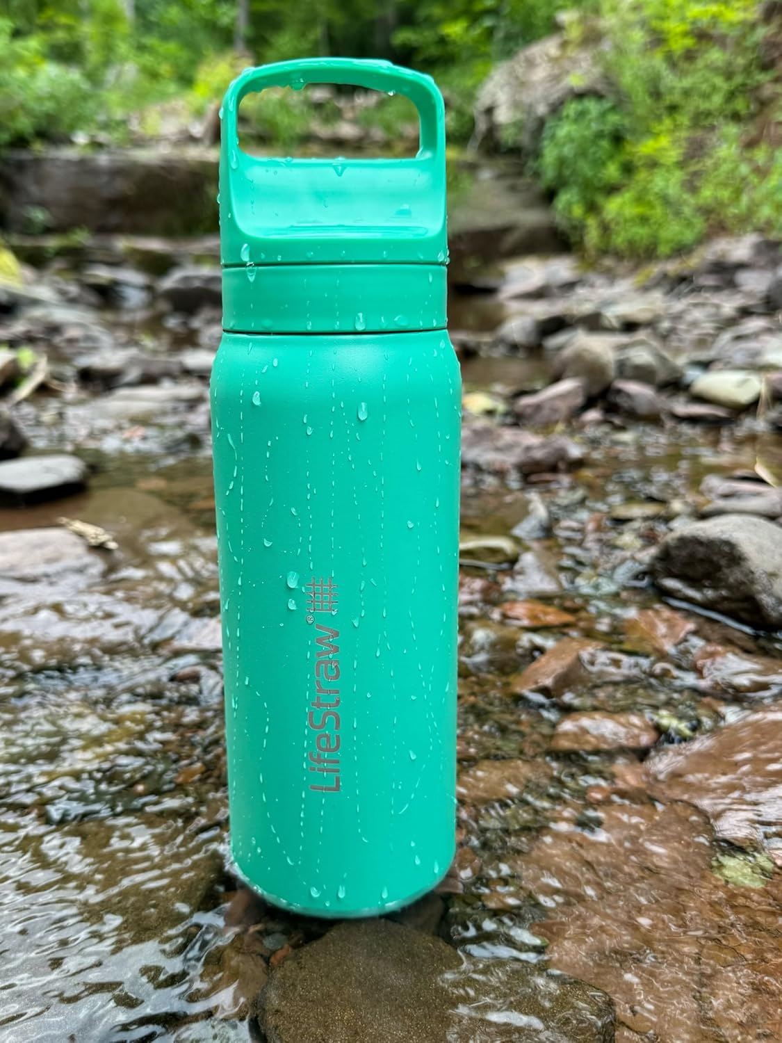 LifeStraw Go Series — Insulated Stainless Steel Water Filter Bottle for Travel and Everyday Use Removes Bacteria, Parasites and Microplastics, Improves Taste, 1L Aegan Sea