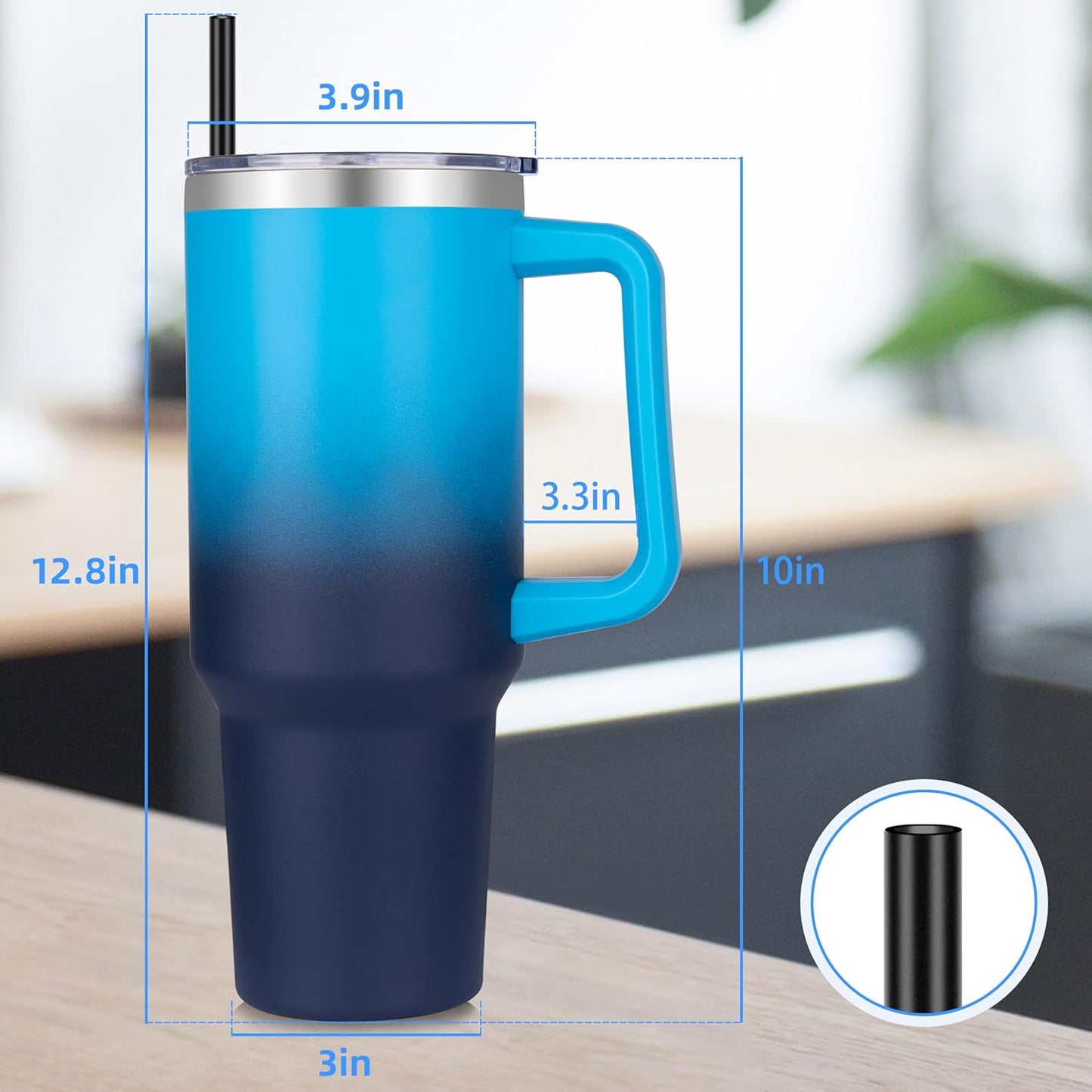 DOMICARE 40 oz Tumbler with Handle and Straw, Stainless Steel Tumbler with Lid and Straw, Reusable Vacuum Insulated Cup, Travel Coffee Mug, Blue, 1Pack