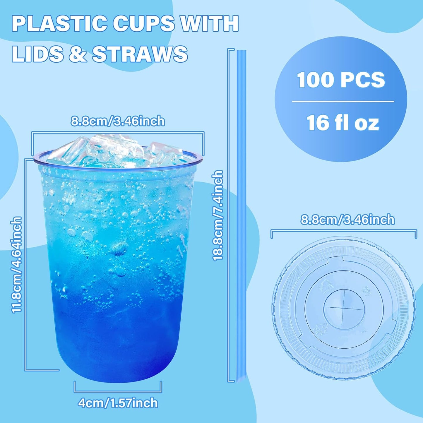 tchrules 100 Set 16oz Plastic Cups with Lids and Straws, Disposable Clear Iced Coffee Cup with Lid, Round Bottom Plastic To Go Cups for Cold Drinks Slushie Smoothie Lemonade Matcha Party Shop Supplies