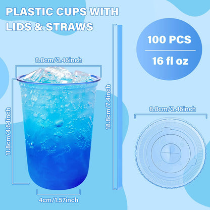 tchrules 100 Set 16oz Plastic Cups with Lids and Straws, Disposable Clear Iced Coffee Cup with Lid, Round Bottom Plastic To Go Cups for Cold Drinks Slushie Smoothie Lemonade Matcha Party Shop Supplies