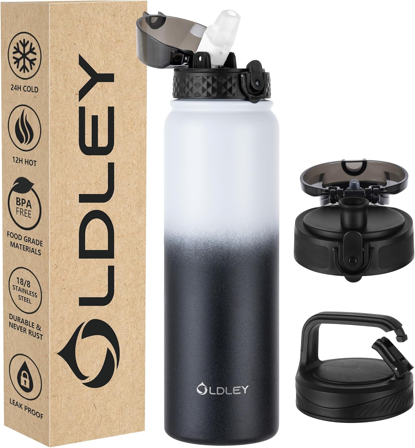 Oldley Insulated Water Bottle 20oz for Adults Kids Stainless Steel Water Bottles with Straw/Chug/Carabiner 3 Lids Fruit Strainer Double Wall Vacuum Wide Mouth BPA Free Leak-Proof for School Travel