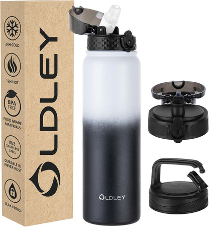 Oldley Insulated Water Bottle 20oz for Adults Kids Stainless Steel Water Bottles with Straw/Chug/Carabiner 3 Lids Fruit Strainer Double Wall Vacuum Wide Mouth BPA Free Leak-Proof for School Travel