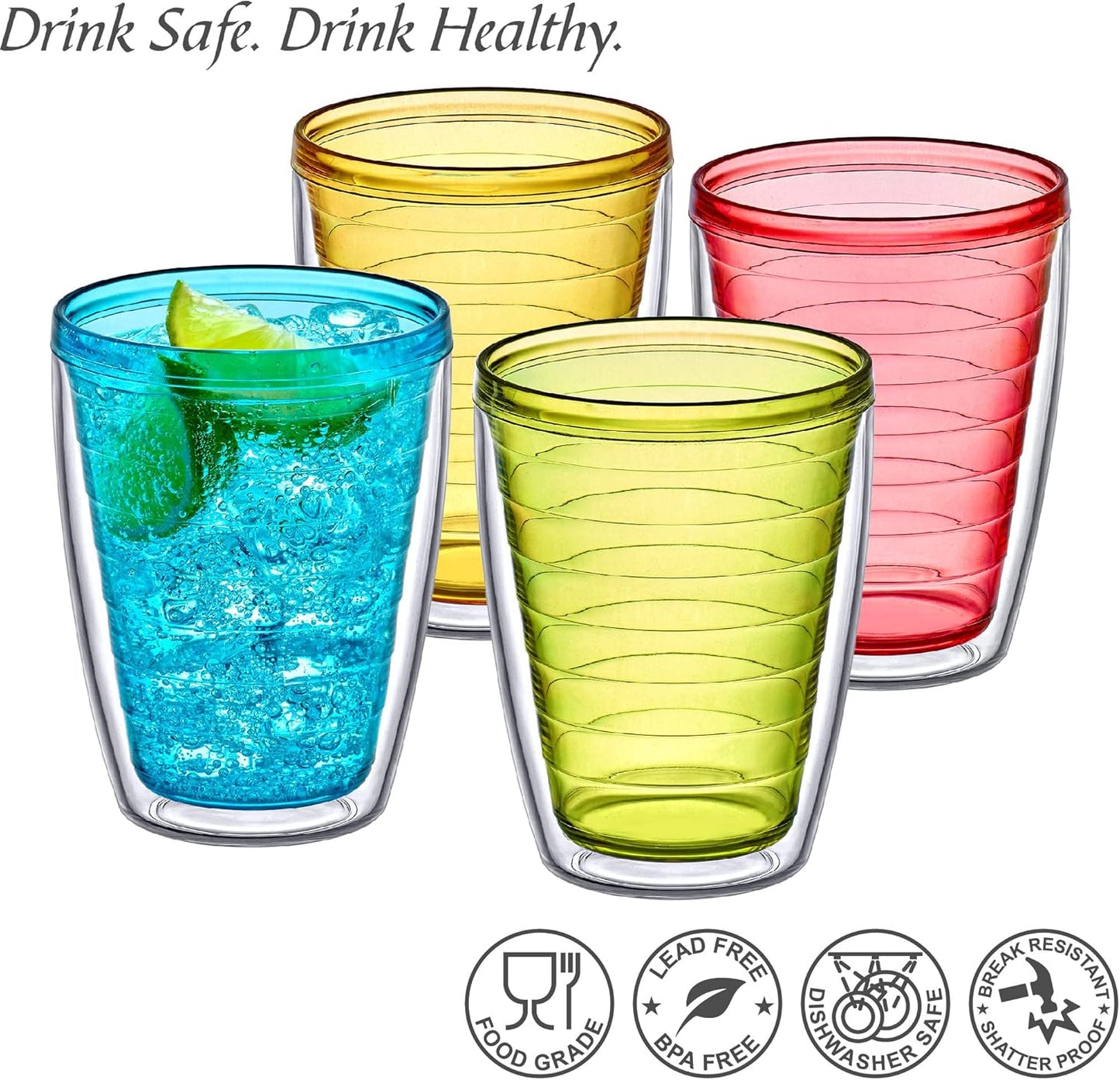 Amazing Abby - Alaska - 16-Ounce Insulated Tumblers (Set of 4), Double-Wall Drinking Glasses, Mixed-Color Reusable Cups, BPA-Free, Shatter-Proof, Dishwasher-Safe