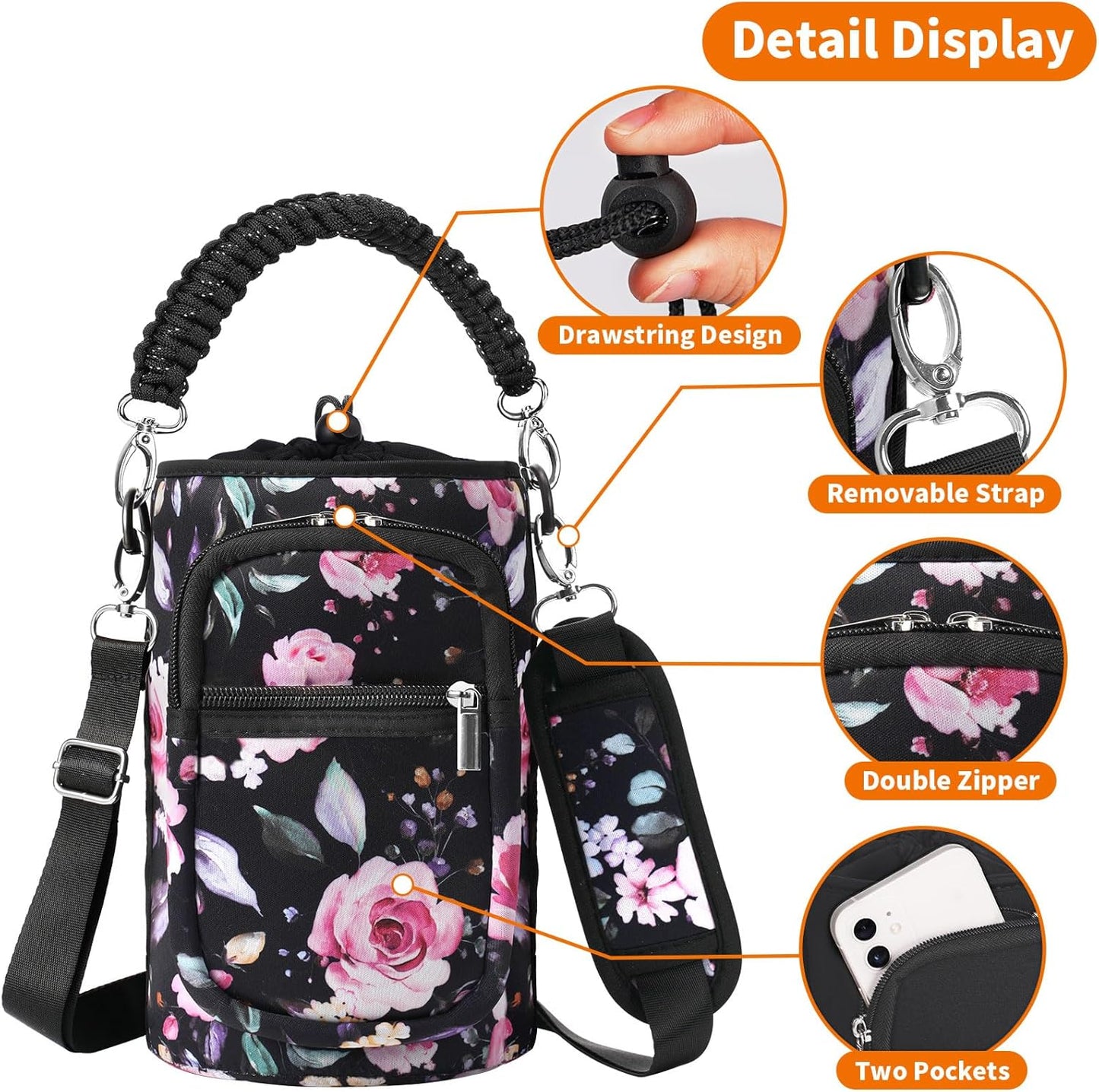 AceTreker 32/40/64/128 oz Neoprene Insulated Water Bottle Carrier Bag, Sling Bag Sleeve Pouch Holder with Strap & Paracord Handle and 2 Pocket for Travelling, Hiking, Camping