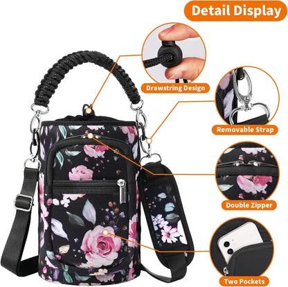 AceTreker 32/40/64/128 oz Neoprene Insulated Water Bottle Carrier Bag, Sling Bag Sleeve Pouch Holder with Strap & Paracord Handle and 2 Pocket for Travelling, Hiking, Camping