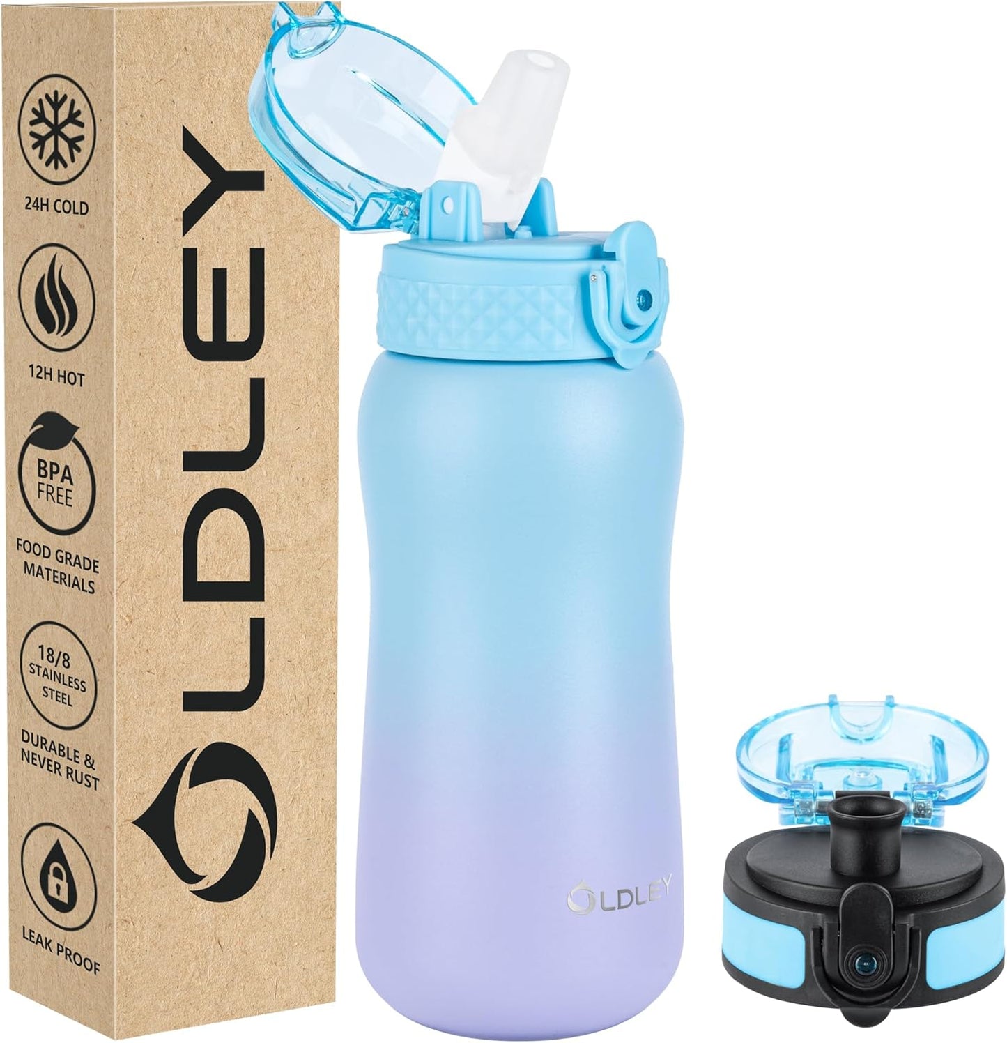 Oldley Insulated Water Bottle 20oz for Adults Kids Stainless Steel Water Bottles with Straw/Chug/Carabiner 3 Lids Fruit Strainer Double Wall Vacuum Wide Mouth BPA Free Leak-Proof for School Travel