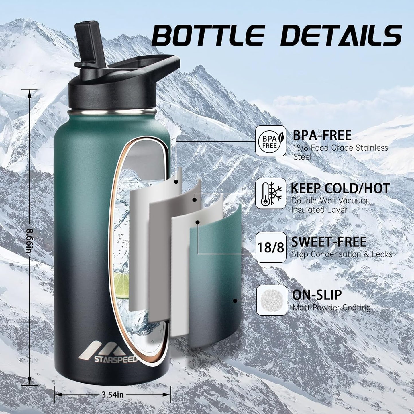 StarSpeed 32oz Insulated Water Bottle with Straw Lid, Stainless Steel Double Walled Vacuum Water Flask, Wide Mouth Sports Water Bottle for Gym Camping Hiking, Indigo Black