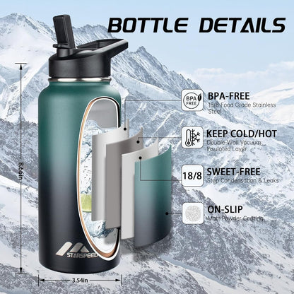StarSpeed 32oz Insulated Water Bottle with Straw Lid, Stainless Steel Double Walled Vacuum Water Flask, Wide Mouth Sports Water Bottle for Gym Camping Hiking, Indigo Black