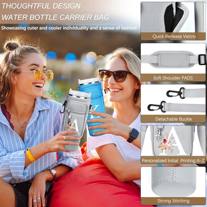 Initial Water Bottle Holder with Strap for Stanley Cup Accessories 40 oz/Simple Modern Tumbler, Birthdays for Women Girls, Water Bottle Carrier Bag with Phone Pocket,Hiking Walking Gym Camping