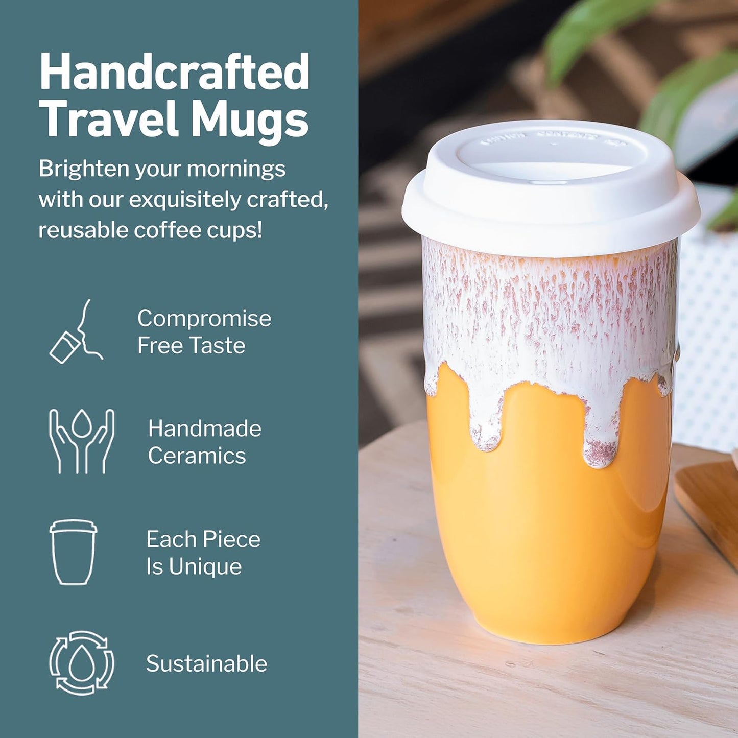 NOVA CERAMICS Coffee Tumbler – Travel Mug - On the Go Coffee Mug – Microwave & Dishwasher Safe Green Coffee Tumbler - Gifts For Women Men Him Her – 16oz – Monsoon