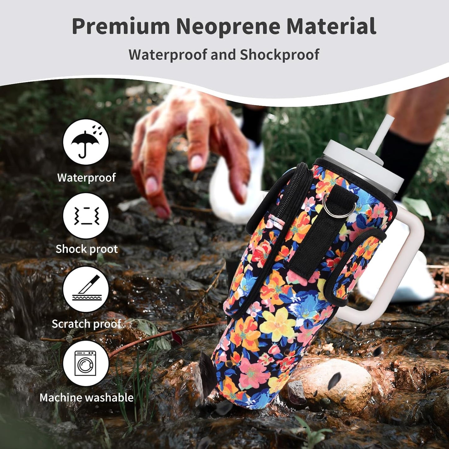 Water Bottle Holder with Strap for Stanley Cup 40/30oz, Insulated Neoprene Stanley Cup Holder with Strap for Tumbler with Handle Stanley Carrier Bag Cross-body Bag for Walking