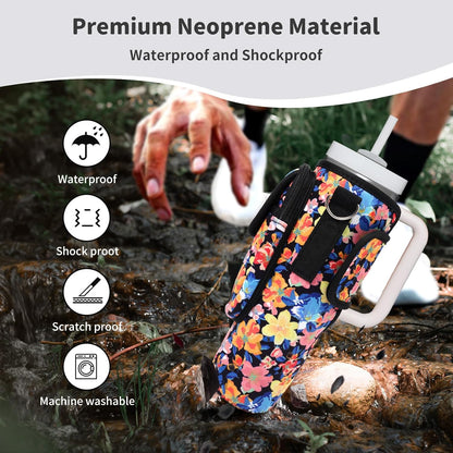 Water Bottle Holder with Strap for Stanley Cup 40/30oz, Insulated Neoprene Stanley Cup Holder with Strap for Tumbler with Handle Stanley Carrier Bag Cross-body Bag for Walking