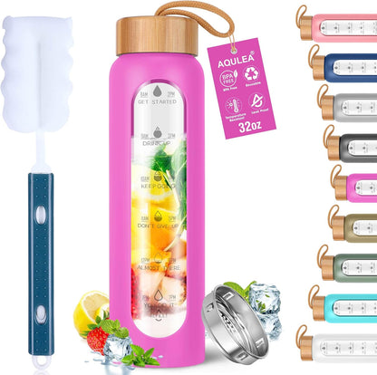 Aqulea Glass Water Bottles 25 Oz with Silicone Sleeve - BPA Free Reusable Wide Mouth Glass Motivational Water Bottles with Fruit Infuser – Leak Proof Borosilicate Water Bottle with Time Marker (White)