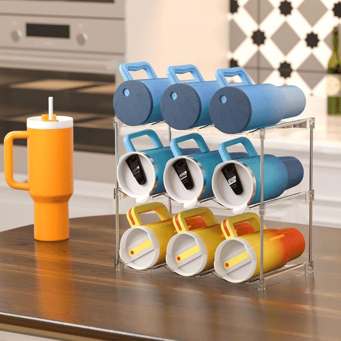 IEEK 3 Tier Stackable Wine and Water Bottle Holder Free-Standing Fridge Wine Bottle Organizers Clear Plastic Water Bottle Holder for Cabinet,Refrigerator,Pantry,Kitchen Countertops,Holds 9 Bottles