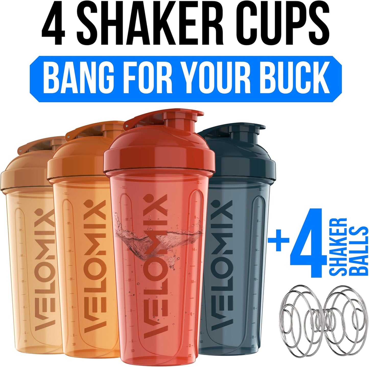 VELOMIX -4 Pack- 28 oz Protein Shaker Bottles for Protein Mixes - 4x Wire Whisk | Leak Proof Shaker Cups for Protein Shakes | Stackable Protein Shaker Bottle Pack (A1) Silver Aurora
