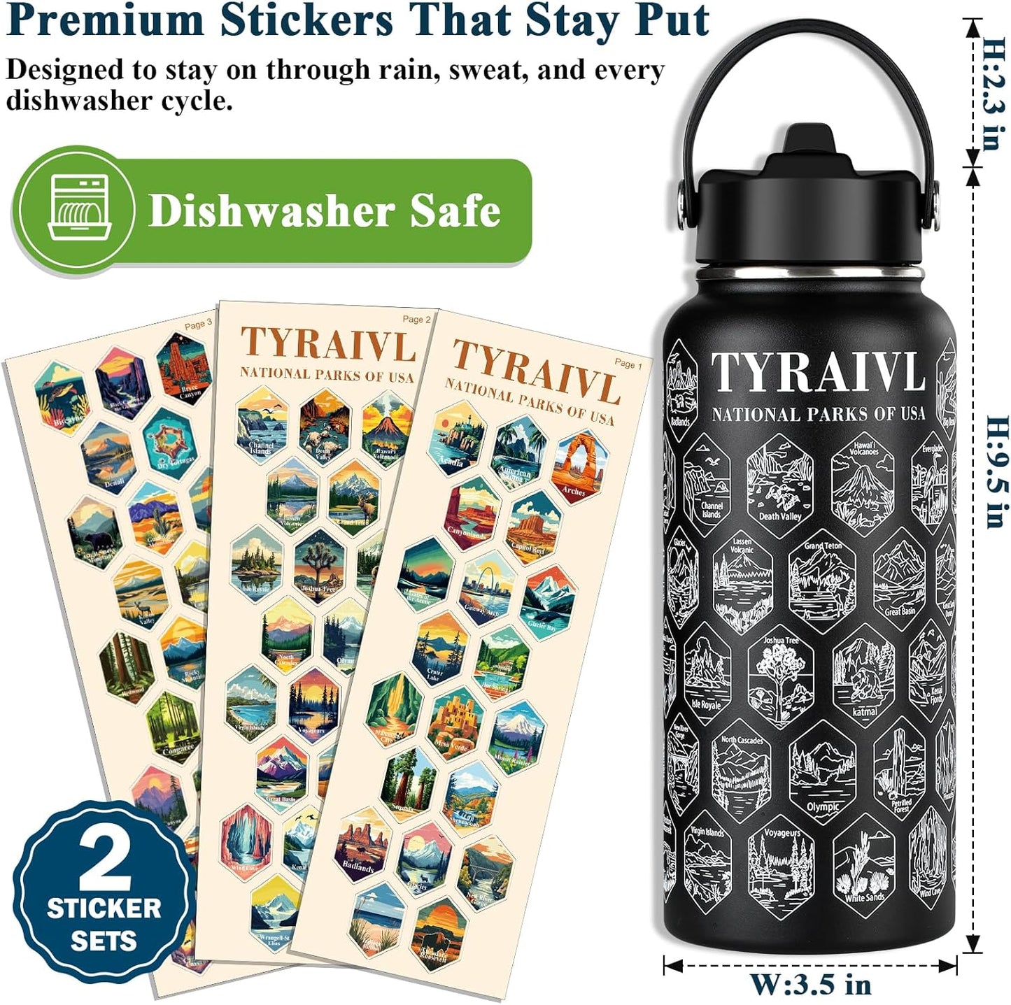 National Parks Water Bottle with Stickers, Birthday Gifts for Men and Women, 32oz Wide Mouth Leakproof Stainless Steel Bucket List Insulated Bottle for Camping & Hiking