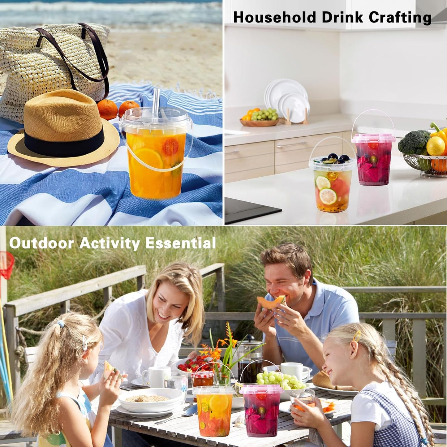 10 Pack 34oz Plastic Cups with Lids and Straws, Disposable Iced Coffee Cups with Lids,Sturdy & Food Safe Drink Buckets for Cold/Hot Drinks,Smoothies, Fruit Drinks Cups Summer Beverages,Bar/Beach Party