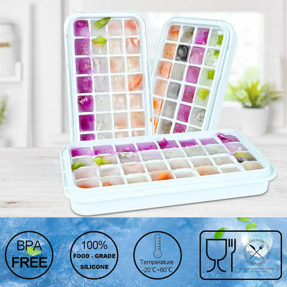 Ice Trays for Freezer with Lid & Bin, Ice Cube Tray Making 64 pcs Ice Cubes, Easy Press to Release Ice, Ice Tray with Storage Bin Chilling Cocktail Whiskey Coffee 2 Trays 1 Ice Bucket & Scoop (Black)