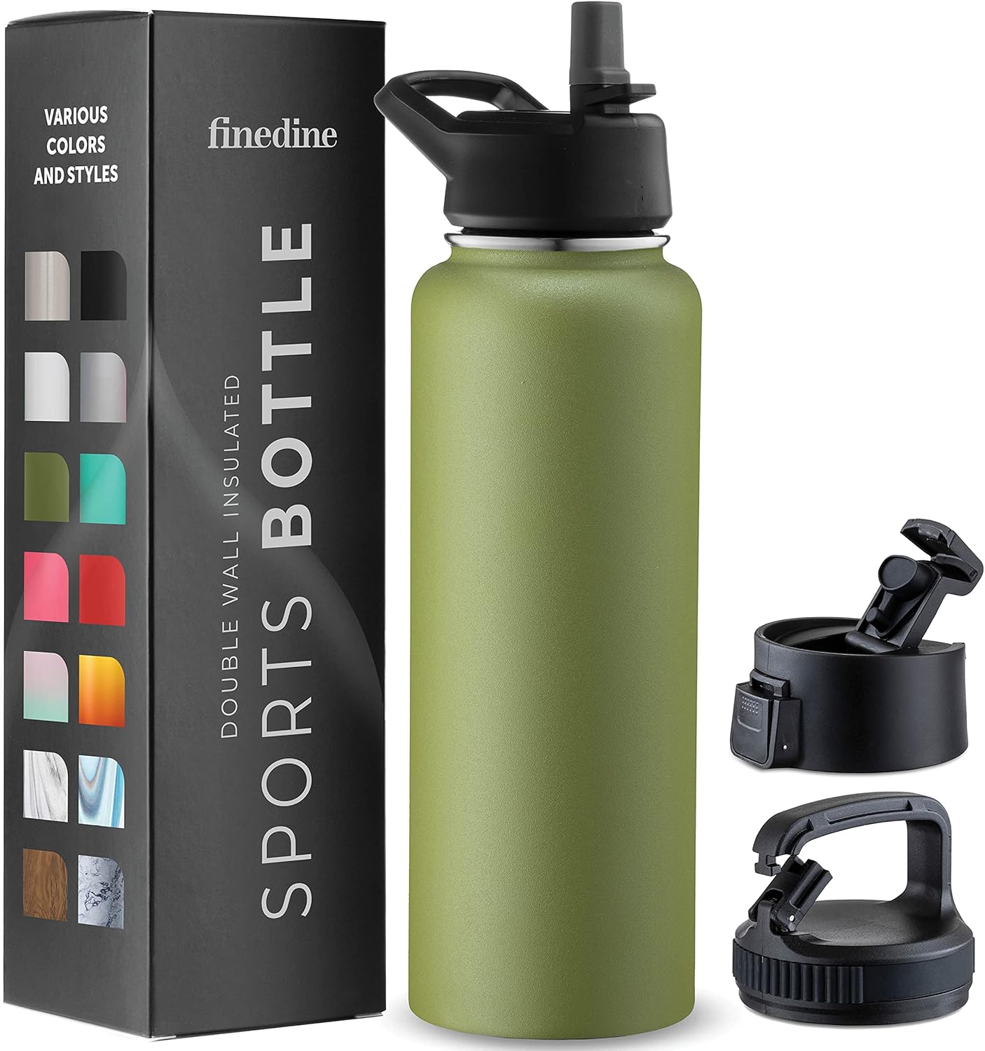 FineDine Water Bottle - Stainless Steel Insulated Water Bottle with Straw Lid, Flip Lid & Wide-Mouth Cap - Keeps Hot and Cold - 25 Oz / 739ml - Dreamy Purple