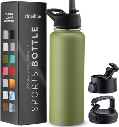 FineDine Water Bottle - Stainless Steel Insulated Water Bottle with Straw Lid, Flip Lid & Wide-Mouth Cap - Keeps Hot and Cold - 25 Oz / 739ml - Dreamy Purple