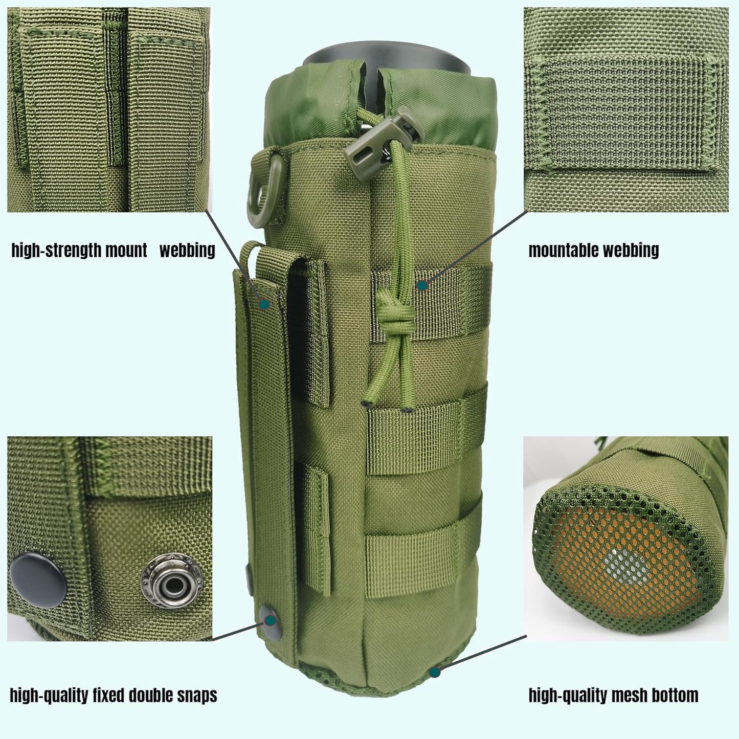 Tactical MOLLE Water Bottle Holder, Upgraded Water Bottle Pouch with Drawstring Open Top & Mesh Bottom, 16/24/25/32oz Water Bottle Carrier Bag with D-Ring Hook for Backpack