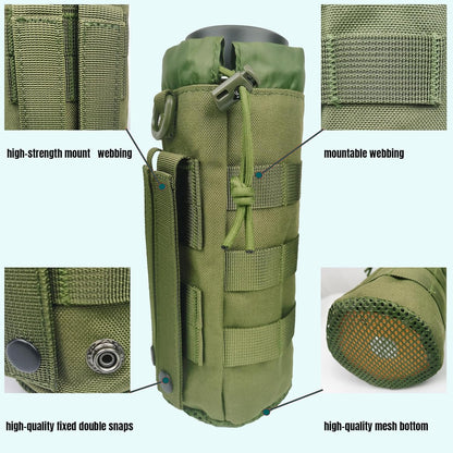 Tactical MOLLE Water Bottle Holder, Upgraded Water Bottle Pouch with Drawstring Open Top & Mesh Bottom, 16/24/25/32oz Water Bottle Carrier Bag with D-Ring Hook for Backpack