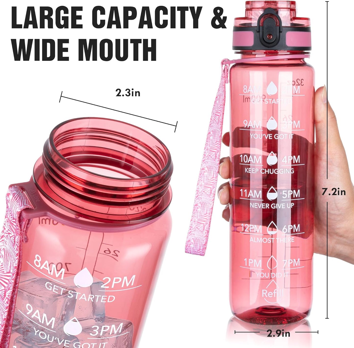 OLDLEY Water Bottle, 32oz Motivational Sports Water Bottle with Time Marker - Times to Drink - Tritan, BPA Free, Wide Mouth Leakproof, Clear (1 Bottle)