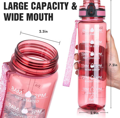 OLDLEY Water Bottle, 32oz Motivational Sports Water Bottle with Time Marker - Times to Drink - Tritan, BPA Free, Wide Mouth Leakproof, Clear (1 Bottle)