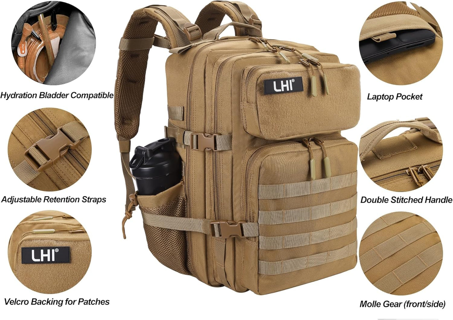 LHI Military Tactical Backpack for Men and Women 45L Army 3 Days Assault Pack Bag Large Rucksack with Molle System - Black - Colors B