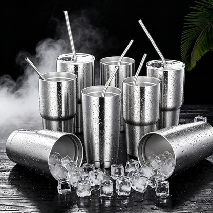 12 Pack Reusable Stainless Steel Metal Straws, 3 Straight + 3 Bent 10.5 Inch and 3 Straight + 3 Bent 8.5 Inch Metal Straws for 20 24 30 oz Tumblers Dishwasher Safe - 2 Cleaning Brushes Included