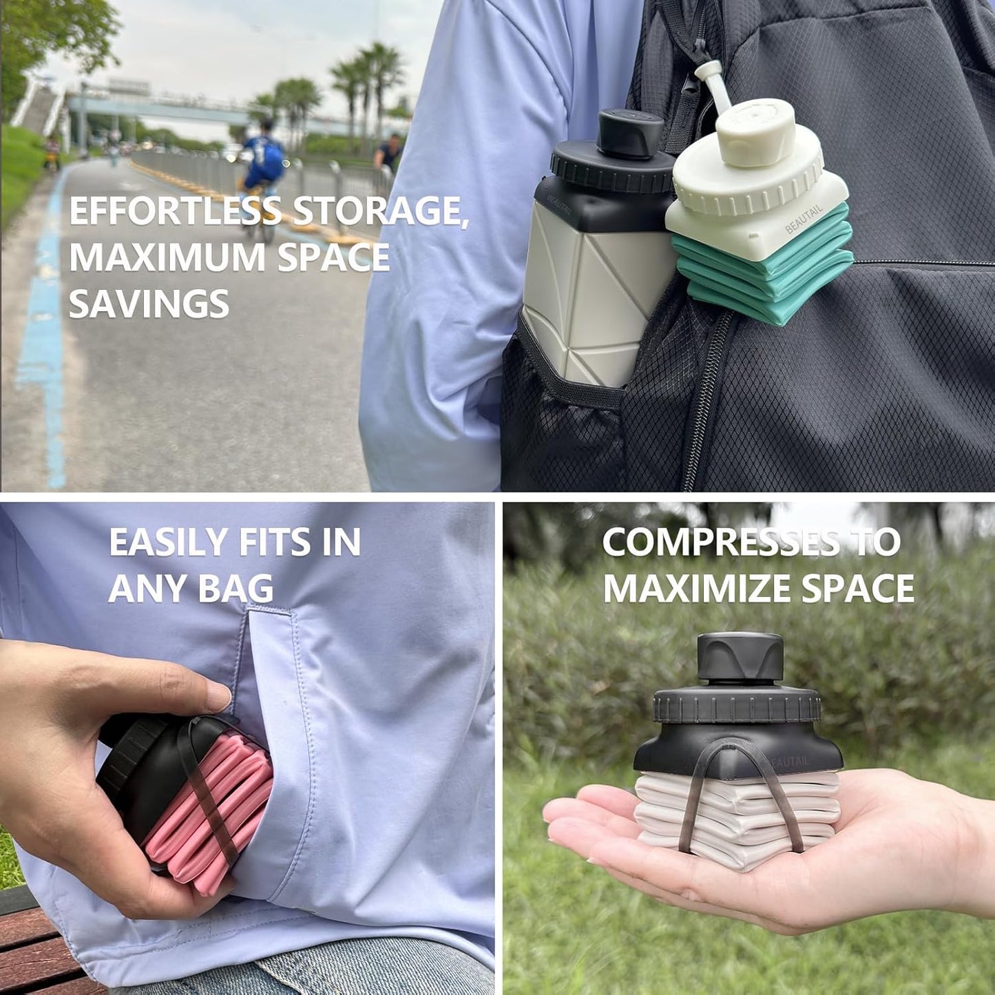 BEAUTAIL Collapsible Water Bottles 20.6oz, Silicone Foldable Portable Travel Water Bottle, Lightweight Reusable Leakproof for Traveling Camping Hiking Cycling Yoga Sports Outdoor