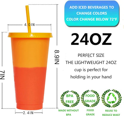 Color Changing Cups, 5 Pack 24oz Plastic Tumblers, Reusable Iced Coffee & Smoothie Cups with Lids and Straws for Parties and Travel