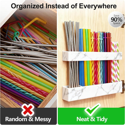 9.5” Large Acrylic Straw Holder for Cabinet Door, Reusable Adjustable Two-Part Straws Organizer with Ultra Sticky Adhesive Strips, 2026 Straw Storage for Kitchen Cupboard (Transparent)