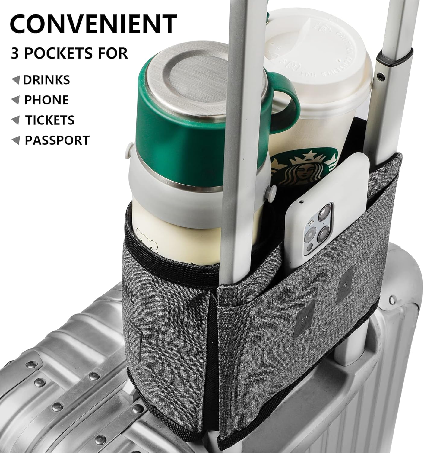 riemot Luggage Travel Cup Holder Free Hand Drink Carrier - Hold Two Coffee Mugs - Fits Roll on Suitcase Handles - Gifts for Flight Attendants Travelers Accessories Carbon Black
