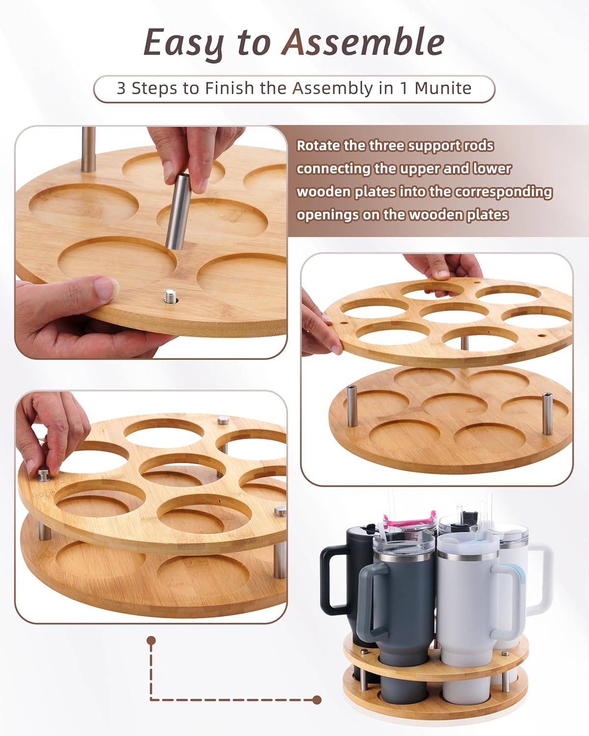 Rotating Wood Tumbler Organizer, 30 oz 40 oz Spinning Turnable Tumblers Holder, 360° Rotatable 7 Large Cups Bottle Tumbler Storage Display Stand, Rotate Syrup Organizer for Cabinet Countertop